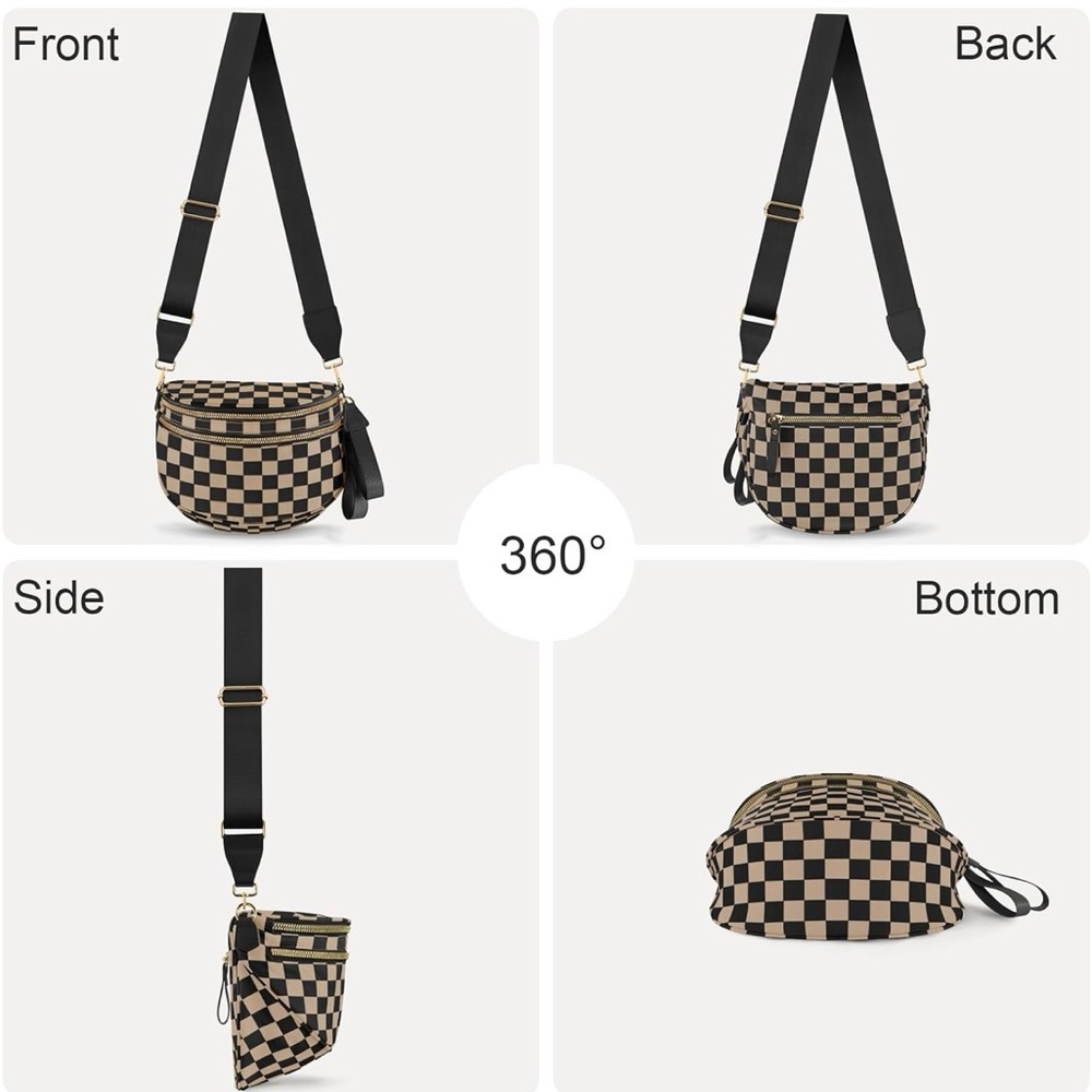 🖤🤎Black Tan Rose Gold Checkerboard Bum Bag Crossbody Sling Bag, Wide Strap, NWOT - Picture 5 of 10